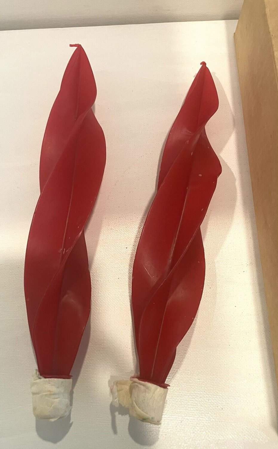 Two Red Beeswax Feather Candles Made In Maine - New in Box