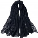 Black Silk Scarf with Lace hem-with Lace edges Handmade Silk Scarf,  Mulberry Silk Scarf--SS-006