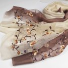 Embroidered with Floral,Brown Silk Scarf, Handmade Mulberry Silk Scarf--SS-004