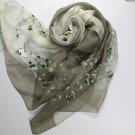 Embroidered with Floral,Green Silk Scarf, Handmade Mulberry Silk Scarf--SS-005