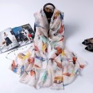 silk scarf with bird print,pink&yellow&blue&green,Handmade Mulberry Silk Scarf--SS-022