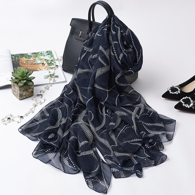 purplish blue with white dot print, silk scarf,Handmade Mulberry Silk Scarf--SS-025