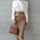 Elegant OL Tie Collar Blouse with Slim Midi Skirt