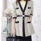 Korea Autumn New Buttons V-neck Plaids Tweed Coat
