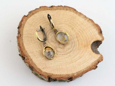 Women Oval Quartz Earring, Oval Handmade Silver Gold Plated Yellow Quartz