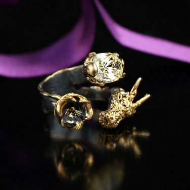 Dragon Yellow-White Zircon Gemstone Ring, Woman 925 Silver Ring, Flower & Dragon