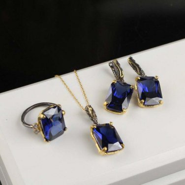 Rectangle Tanzanite Silver Jewelry Set Handmade Woman Silver Tanzanite Jewelry