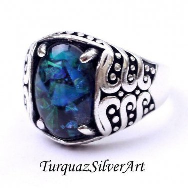 Opal Mans Silver Handmade Ring, Blue Opal 925 Silver Ring, Handmade special