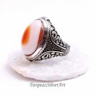 Mans 925 White Orange Oval Cut Agate Ring, Handmade 925 Silver Ring
