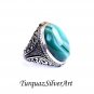 Mans 925 Aqua Blue Oval Cut Agate Ring