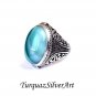 Mans 925 Aqua Blue Oval Cut Agate Ring