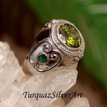Handmade Mans Zircon Green Gemstone Ring Mans 925 Silver Handmade