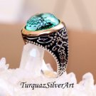 Handmade Mans Tughra Series Zircon Water Green Gemstone Ring, Mans 925 Silver