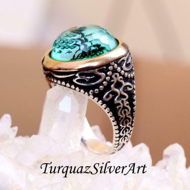 Handmade Mans Tughra Series Zircon Water Green Gemstone Ring, Mans 925 Silver