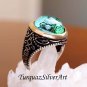 Handmade Mans Tughra Series Zircon Water Green Gemstone Ring, Mans 925 Silver