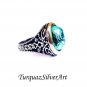 Handmade Mans Tughra Series Zircon Water Green Gemstone Ring, Mans 925 Silver