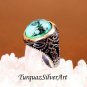 Handmade Mans Tughra Series Zircon Water Green Gemstone Ring, Mans 925 Silver