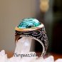 Handmade Mans Tughra Series Zircon Water Green Gemstone Ring, Mans 925 Silver