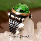 Handmade Mans Tughra Series Zircon Green Gemstone Ring, Mans 925 Silver Ring