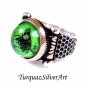 Handmade Mans Tughra Series Zircon Green Gemstone Ring, Mans 925 Silver Ring