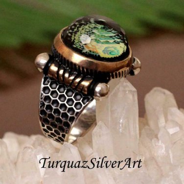 Handmade Mans Geometric Zircon Green Gemstone Ring, Mans 925 Silver Ring for Men