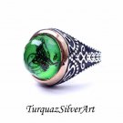 Handmade Mans Tughra Series Zircon Green Gemstone Ring, Mans 925 Silver Ring, Zi