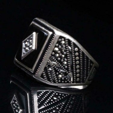Mans 925 Silver Black Agate Ring, Handmade Square Cut Agate 925 Silver Ring
