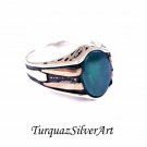 Mans 925 Aqua Blue-Green Oval Cut Agate Ring, Handmade