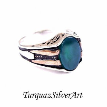 Mans 925 Aqua Blue-Green Oval Cut Agate Ring, Handmade