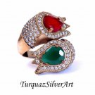 Handmade Woman Green And Red Tulip Zircon Gemstone Ring