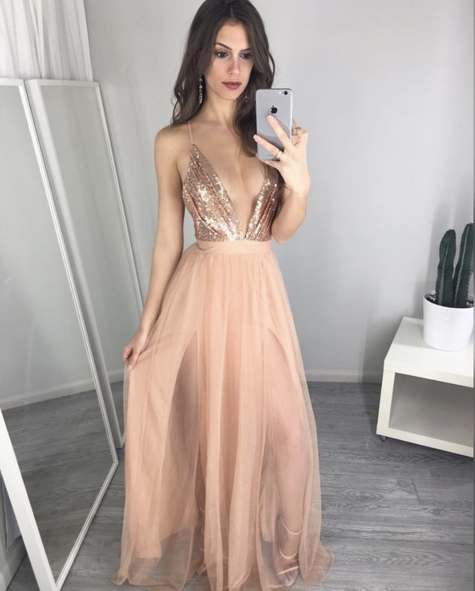 Unique V Neck Sequin Long Prom Dress,Cheap Evening Dress Long Formal Gowns HOT G6840