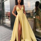 A Line V Neck Open Back Yellow Prom Dress with Leg Slit Graduation Dresses Hot