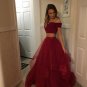 Two Pieces Red Prom Dress Tulle Off Shoulder Evening Dresses Cheap Gowns L5840