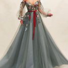 A-line Embroidery Tulle Long Prom Dresses,Off the Shoulder Long Sleeves Prom Dresses H4840