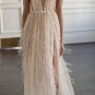 Sexy V-neck See-through Tulle Prom Dresses Beading Evening Dress with Feather D5722