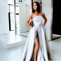 Sexy Slit A Line Prom Dresses Satin Evening Dress Silver Long Prom Dress Formal Gowns A9590
