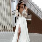 Long Sleeve Lace Appliques Side Slit Wedding Gowns 2020 New Ivory Country Beach Wedding Dress