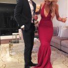 Sexy Mermaid Deep V-Neck Sleeveless Halter Backless Sweep Train Prom Dresses