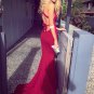 Sexy Mermaid Deep V-Neck Sleeveless Halter Backless Sweep Train Prom Dresses