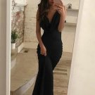 V-Neck Open Back Sleeveless Black Long Prom Dresses