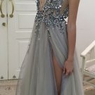 Sexy Gray Prom Dresses V-neck A-line Floor-length Tulle Prom Dress Evening Sexy Long