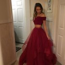 Two Pieces Red Prom Dress Tulle Off Shoulder Evening Dresses Cheap Gowns