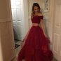Two Pieces Red Prom Dress Tulle Off Shoulder Evening Dresses Cheap Gowns