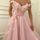 Pink Flower Applique Evening Dress Off the Shoulder V-Neck Long Evening Prom Dresses