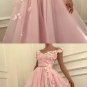 Pink Flower Applique Evening Dress Off the Shoulder V-Neck Long Evening Prom Dresses