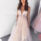 Pink Party Dress V Neck Evening Dress Tulle Applique Long Prom Dress Graduation Dress Formal Gowns