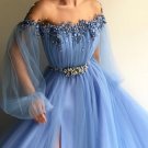 Petite Blue Hot Long Prom Dress Sexy Slit Evening Dress A-Line Prom Dresses