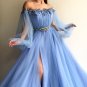 Petite Blue Hot Long Prom Dress Sexy Slit Evening Dress A-Line Prom Dresses
