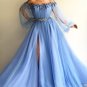 Petite Blue Hot Long Prom Dress Sexy Slit Evening Dress A-Line Prom Dresses