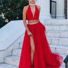 Red Evening Gowns,Two Piece Prom Dress,High Neck Prom Dress,Tulle Prom Dress,Deep V-neck Prom Dress